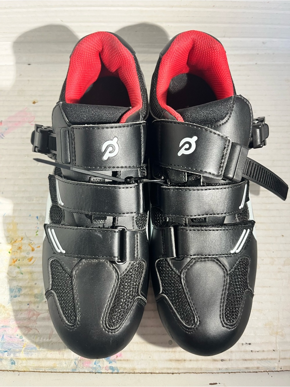 Peloton Women’s Black Cycling Shoes with Red Liner and Triple-Strap Closure